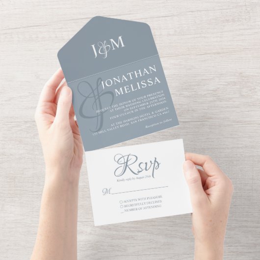 Elegant Dusty Blue en White Monogram Wedding All In One Uitnodiging (Afscheurbaar)