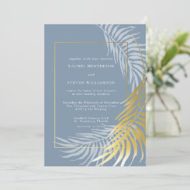 Elegant Dusty Blue en White Tropical Wedding Kaart