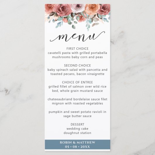 Elegant Dusty Blue Etheral, Floral Wedding Menu (Voorkant)