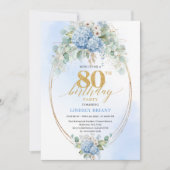 Elegant Dusty Blue Eucalyptus 80th Birthday Invite Kaart (Voorkant)
