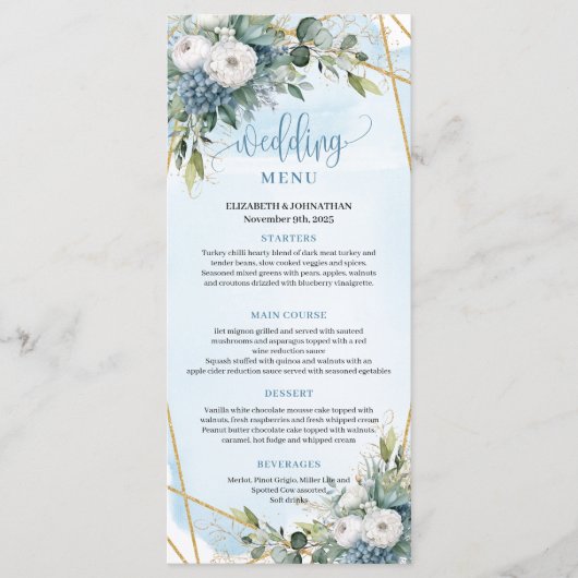 Elegant Dusty Blue Eucalyptus Floral Wedding Menu (Voorkant)
