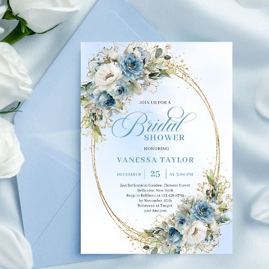 Elegant Dusty Blue Eucalyptus Gold Bridal Shower Kaart