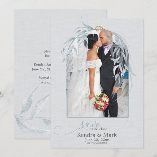 Elegant Dusty Blue Eucalyptus Gold Save the Date Kaart (Voorkant / Achterkant)