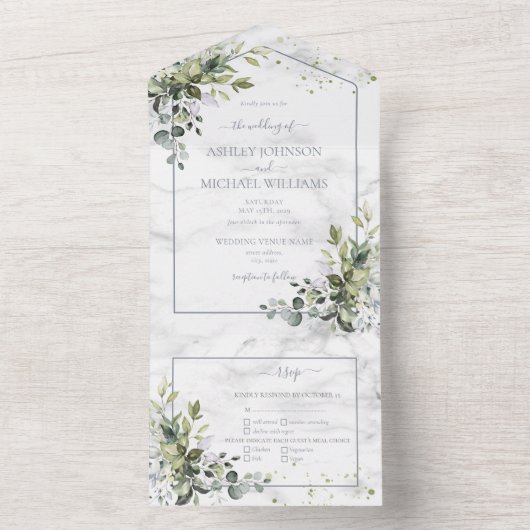 Elegant Dusty Blue Eucalyptus Greenery Marble All In One Uitnodiging (Binnen)