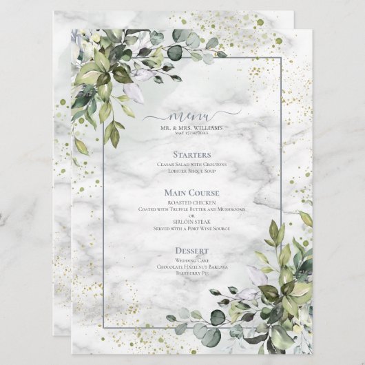 Elegant Dusty Blue Eucalyptus Greenery Marble Menu (Voorkant / Achterkant)