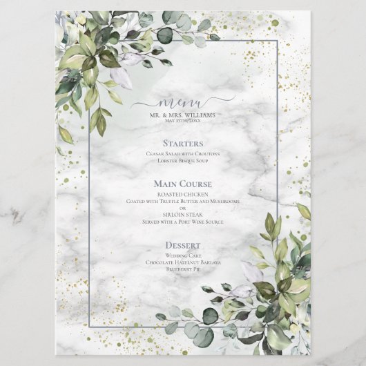 Elegant Dusty Blue Eucalyptus Greenery Marble Menu (Voorkant)