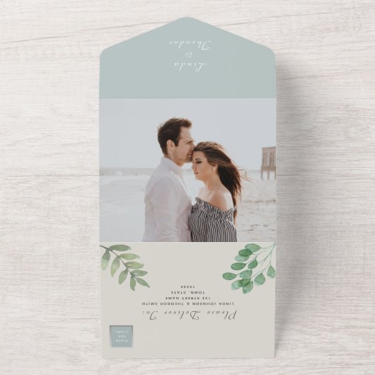 Elegant Dusty Blue Eucalyptus Greenery Wedding All In One Uitnodiging (Buitenkant)