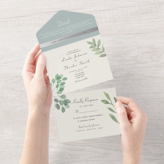 Elegant Dusty Blue Eucalyptus Greenery Wedding All In One Uitnodiging (Afscheurbaar)