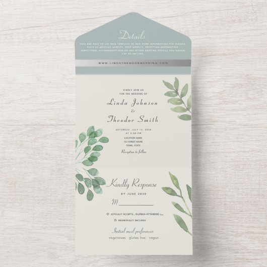 Elegant Dusty Blue Eucalyptus Greenery Wedding All In One Uitnodiging (Binnen)