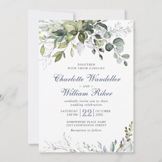 Elegant Dusty Blue Eucalyptus Greenery Wedding Kaart (Voorkant)