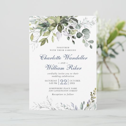 Elegant Dusty Blue Eucalyptus Greenery Wedding Kaart (Staand voorkant)