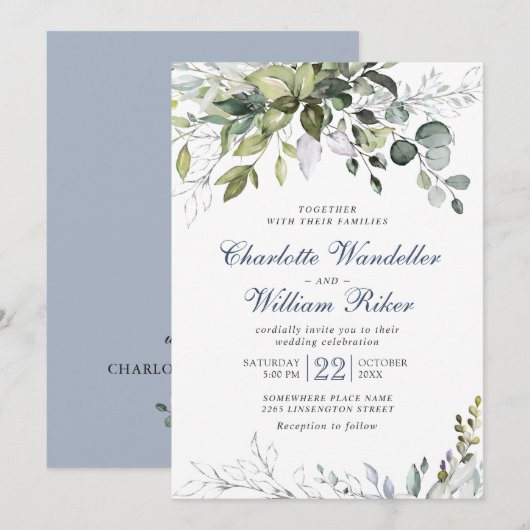 Elegant Dusty Blue Eucalyptus Greenery Wedding Kaart (Voorkant / Achterkant)