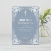 Elegant Dusty Blue Faux Zilveren Jongen Eerste Com Kaart (Staand voorkant)