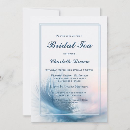 Elegant Dusty Blue Feather Bridal Tea Kaart (Voorkant)