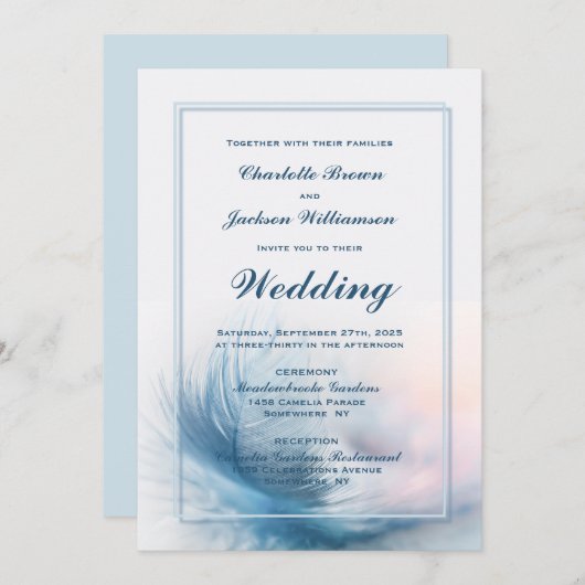 Elegant Dusty Blue Feather Wedding Kaart (Voorkant / Achterkant)
