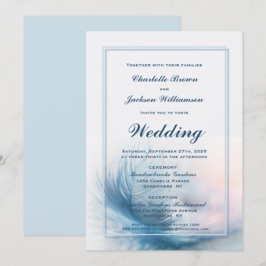 Elegant Dusty Blue Feather Wedding Kaart (Voorkant / Achterkant)