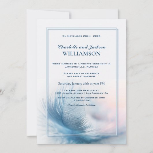 Elegant Dusty Blue Feather Wedding Reception Kaart (Voorkant)