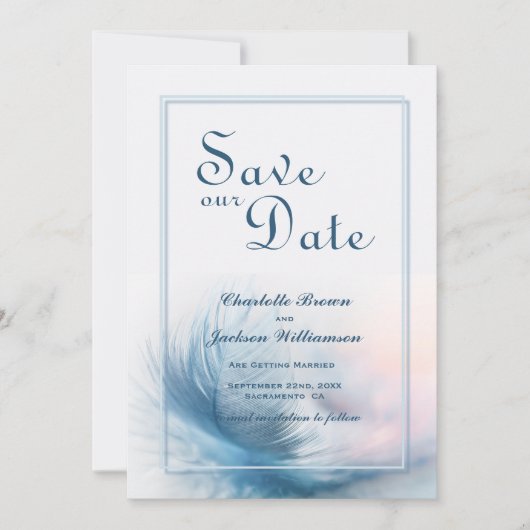 Elegant Dusty Blue Feather Wedding Save the Date (Voorkant)