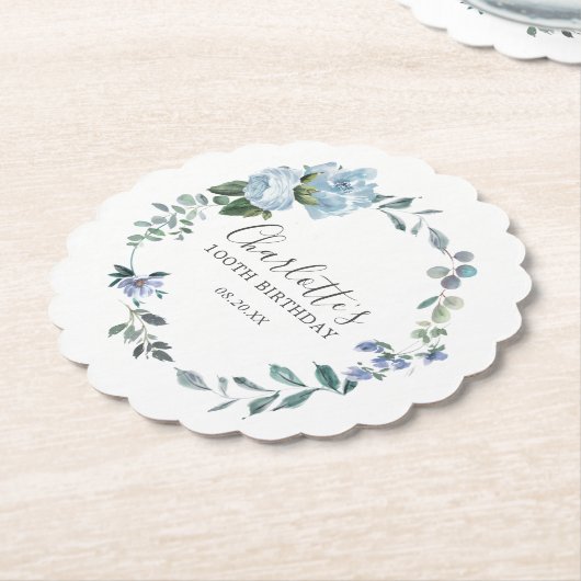 Elegant Dusty Blue Floral 100th Verjaardag Custom Kartonnen Onderzetters (Gekanteld)