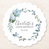 Elegant Dusty Blue Floral 100th Verjaardag Custom Kartonnen Onderzetters (Voorkant)
