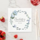 Elegant Dusty Blue Floral 100th Verjaardag Custom Servet (Insitu)