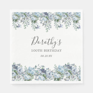 Elegant Dusty Blue Floral 100th Verjaardag Custom Servet
