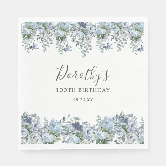 Elegant Dusty Blue Floral 100th Verjaardag Custom Servet (Voorkant)
