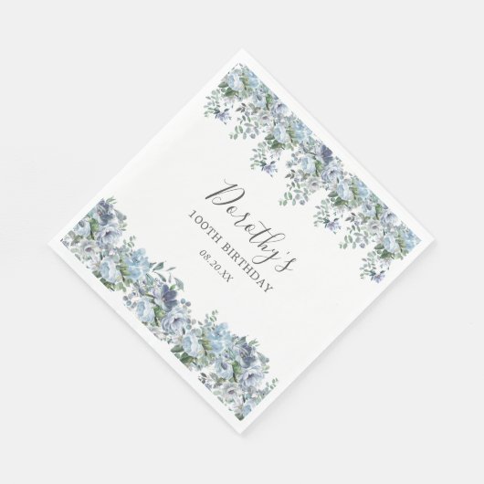 Elegant Dusty Blue Floral 100th Verjaardag Custom Servet (Hoek)
