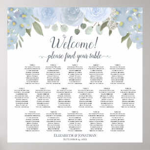 Elegant Dusty Blue Floral 16 Tabel Seating Chart Poster