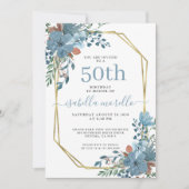 Elegant Dusty Blue Floral 50th Birthday Invitation Kaart (Voorkant)