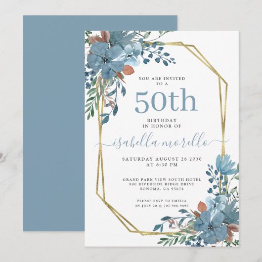 Elegant Dusty Blue Floral 50th Birthday Invitation Kaart (Voorkant / Achterkant)