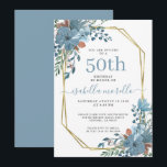 Elegant Dusty Blue Floral 50th Birthday Invitation Kaart<br><div class="desc">Een lush waterverf dusty blauw roest florale 50e verjaardag uitnodiging met gouden lijst. Vast stoffig blauw op de achterkant van de uitnodiging. Een stijlvol en  ontwerp van de waterverf.</div>