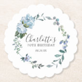Elegant Dusty Blue Floral 70th Verjaardag Custom Kartonnen Onderzetters (Voorkant)