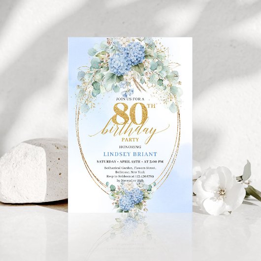 Elegant Dusty Blue Floral 80th Birthday Invitation Kaart