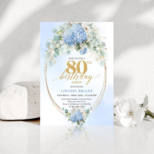 Elegant Dusty Blue Floral 80th Birthday Invitation Kaart