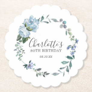 Elegant Dusty Blue Floral 80th Verjaardag Custom Kartonnen Onderzetters
