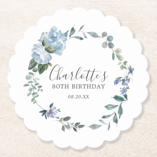 Elegant Dusty Blue Floral 80th Verjaardag Custom Kartonnen Onderzetters (Voorkant)