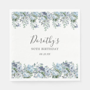 Elegant Dusty Blue Floral 90th Birthday Custom Servet