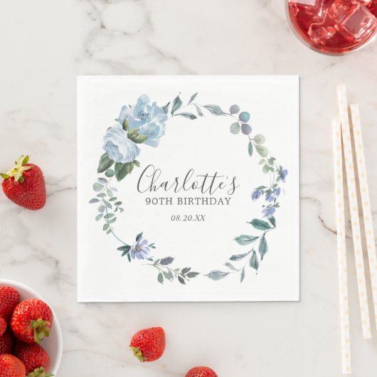 Elegant Dusty Blue Floral 90th Birthday Custom Servet (Insitu)