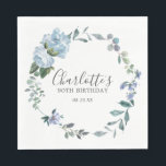 Elegant Dusty Blue Floral 90th Birthday Custom Servet<br><div class="desc">Zeer servet voor een 90ste verjaardagsfeestje. Een bloemenkrans met stoffige blauwe pioenroosjes en rozen bloemen, genesteld in blauwe eucalyptusbladeren. De naam van de vrouw is geschreven in een trendy script lettertype. 90ste verjaardag en datum volgen. Dit 90ste verjaardagsservet maakt deel uit van het 90ste verjaardagsdusty Blue Floral Budget collectie. U...</div>