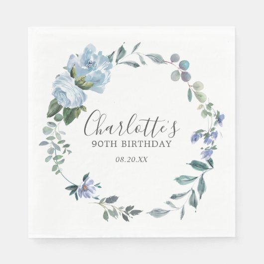 Elegant Dusty Blue Floral 90th Birthday Custom Servet (Voorkant)