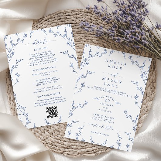 Elegant Dusty Blue Floral All-In-One Wedding Kaart