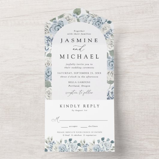 Elegant Dusty Blue Floral Arch Wedding All In One Uitnodiging (Binnen)