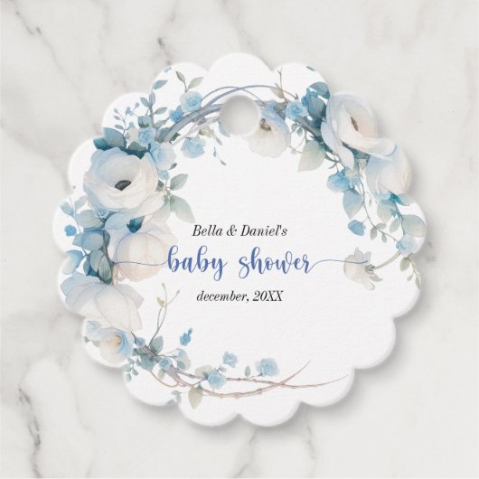 Elegant Dusty Blue Floral Baby shower Bedankjes Labels (Voorkant)
