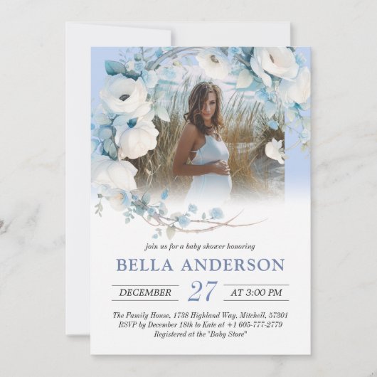 Elegant Dusty Blue Floral Baby shower Kaart (Voorkant)