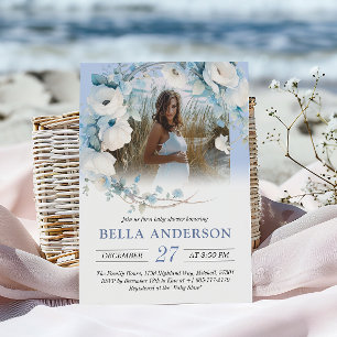 Elegant Dusty Blue Floral Baby shower Kaart