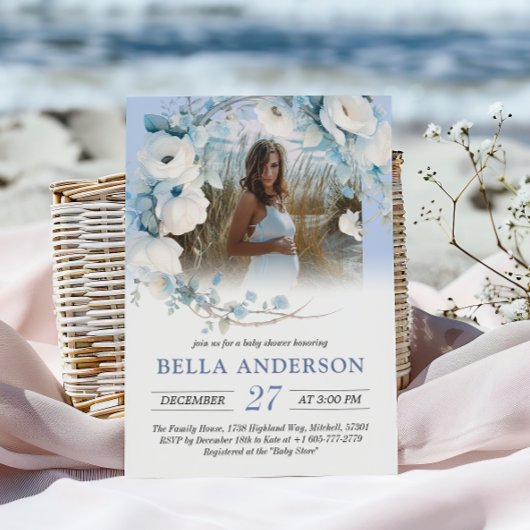 Elegant Dusty Blue Floral Baby shower Kaart