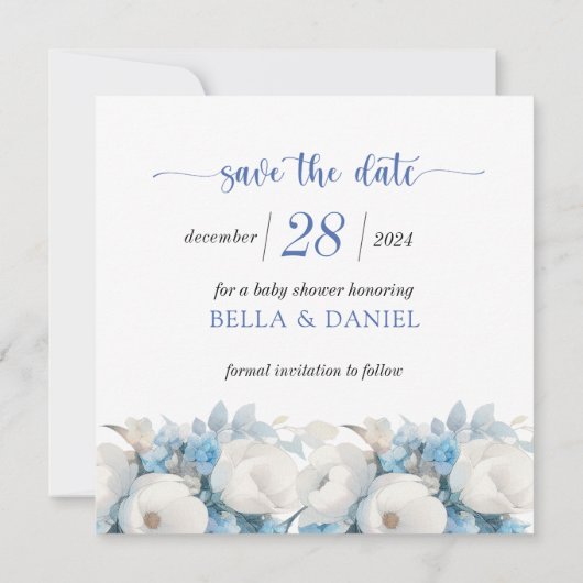 Elegant Dusty Blue Floral Baby shower Save The Date (Achterkant)