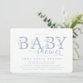 Elegant Dusty Blue Floral Baby Shower Typography Kaart (Staand voorkant)