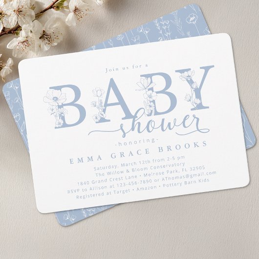 Elegant Dusty Blue Floral Baby Shower Typography Kaart